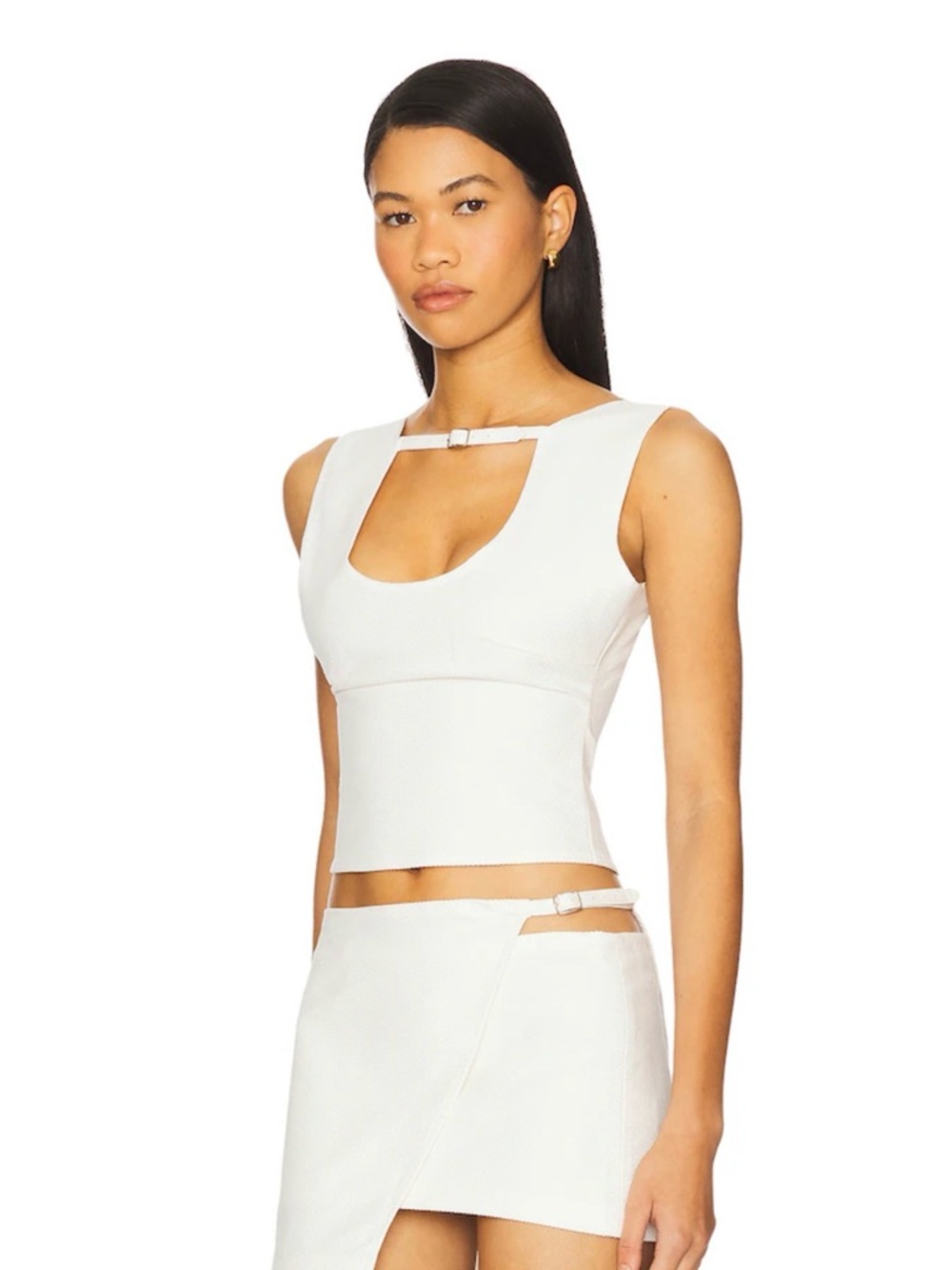 OW Collection Malene White Cutout Crop Top with Buckle Detail